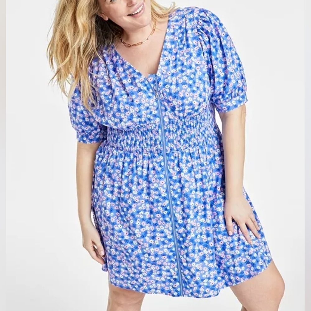4X • On 34th • Printed Cotton Zip-Front Ditsy Floral Puff Sleeve Dress